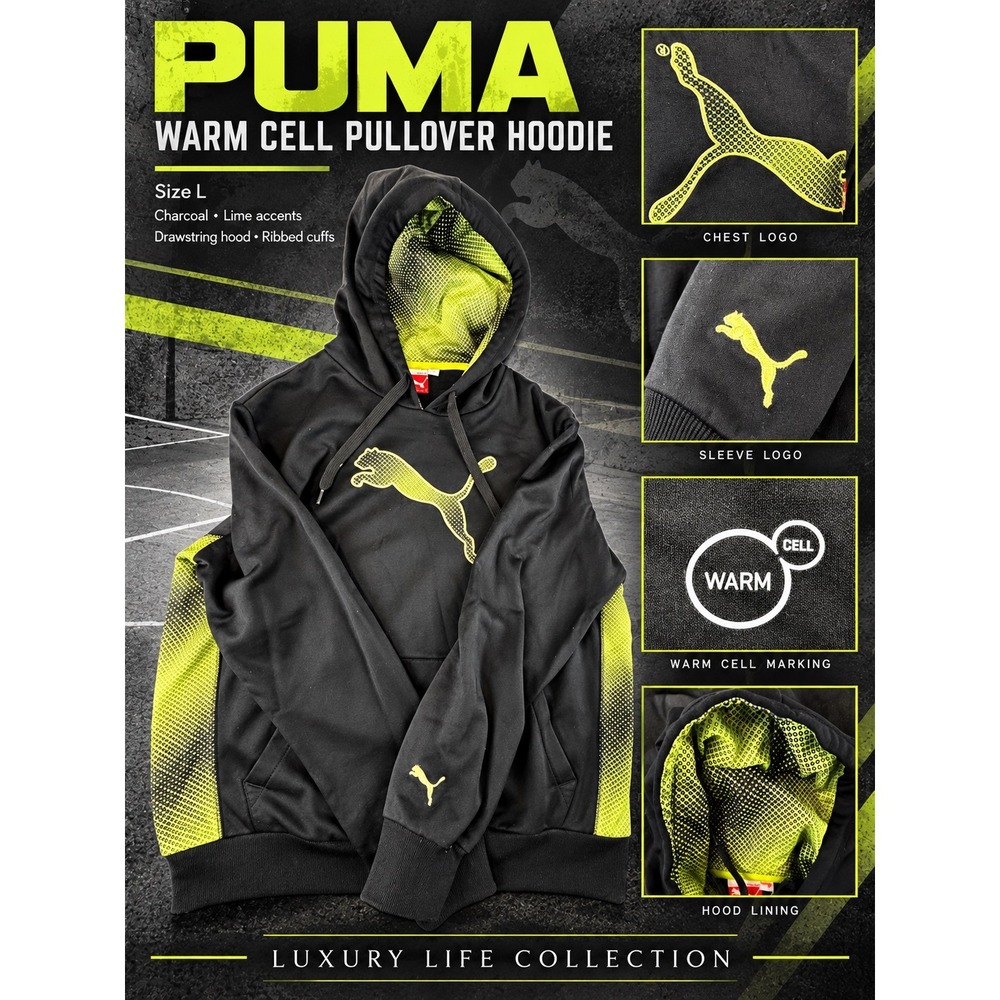 Puma Mens Sport Lifestyle Hoodie Black Neon Green Big Cat Logo 828578 Large